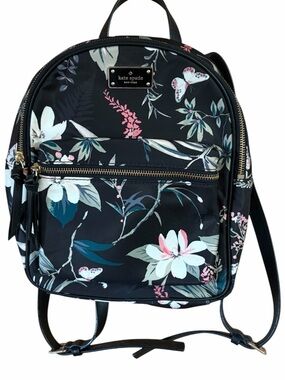 Kate Spade Botanical Print Bradley Nylon Backpack Black Saffiano Leather Straps